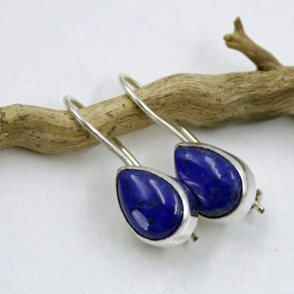 Lapislazzuli Orecchini Pendenti Argento Sterling 925 Gocce Moderno Cabochon Hv - Immagine 2 di 4