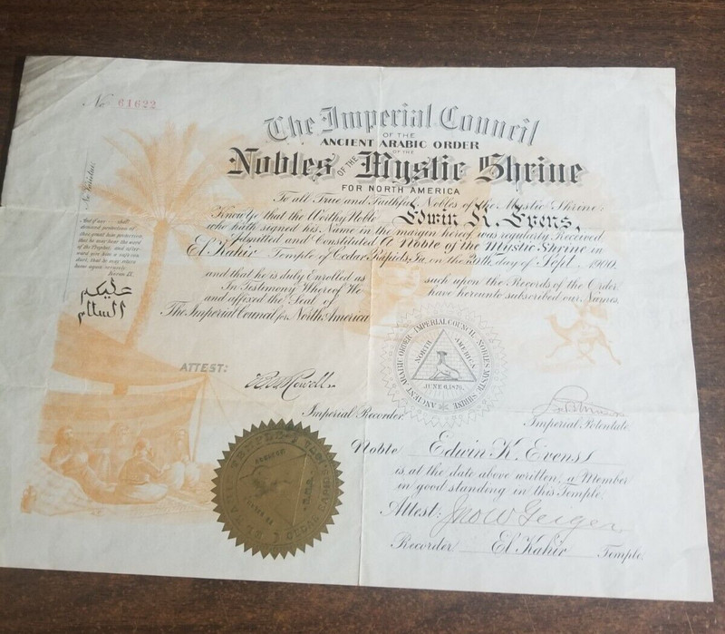 SHRINER CERTIFICATE(1900) CEDAR RAPIDS,IOWA
