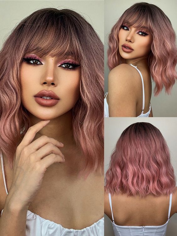 Short Curly Pink Bob Brazilian 100% Human Hair Wig T Part 