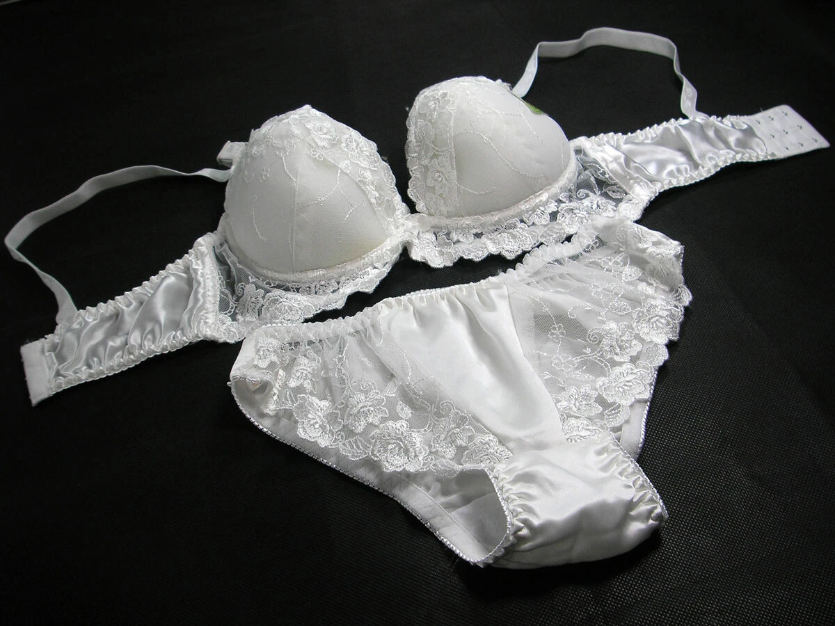 Womens Bra Knickers Sets White Pure Silk Lacy Underwire Thinly