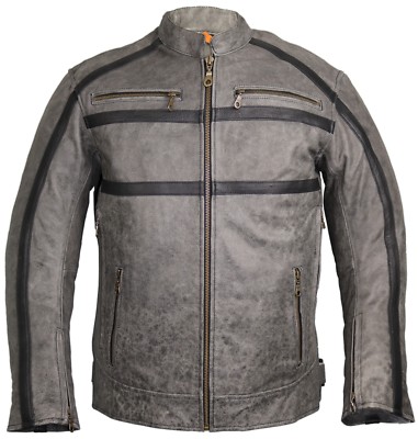 Retro Motorrad Lederjacke in Grau Motorradjacke Bikerjacke Chopper Jacke 