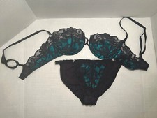 Rare Vintage Set Teal Black Lace Lily of France String Bikini Med Panty Bra 34C