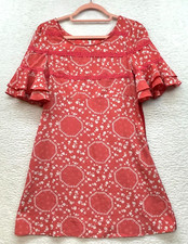 Free People Dress Womens 0 Pink White Geo Garden Ruffle Boho Floral Shift Mini