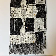 Silky Scarf Artsy Picasso Inspired Music Print Fringe Ends 11x57”