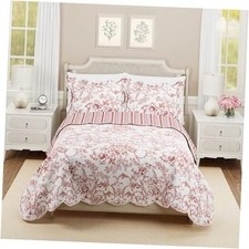 Garden Toile 3-Piece Reversible 3-Piece Full Queen Quilt Set Garden Toile Red