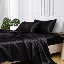 Satin Bed Sheets, Full Size Sheets Set, 4 Pcs Silky Bedding Set