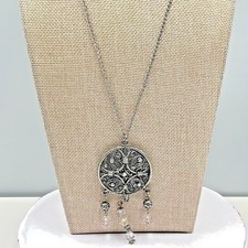 Vintage Retro Silver Tone Dreamcatcher Filigree Pendant Necklace with Pink Beads