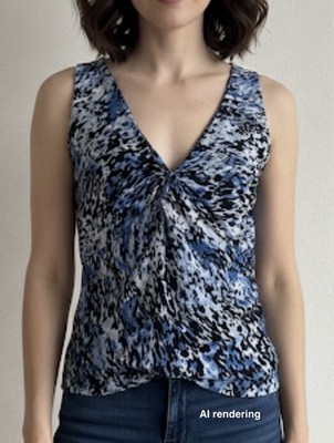 EXPRESS Womens Blue & Black Print Knotted V Neck Mesh Sleeveless Top | Large
