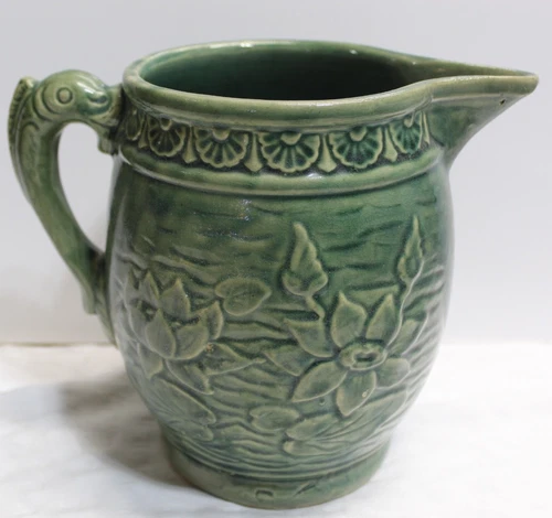 McCoy Green Glazed Stonewear Pitcher Embossed Lily Pads Fish Shaped Handle 1930s