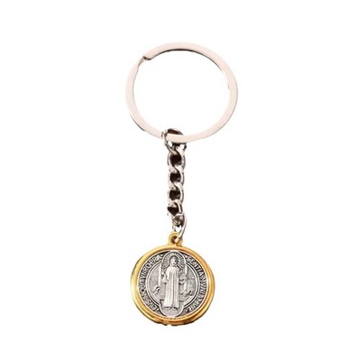 Schlüsselanhänger St. Benedikt Gold Silber Schutzmedaille christliches Amulett Schlüsselring
