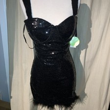 NWT Windsor Black Glittery Sparkly Bodycon Sequin Feather Hem Dress Clubbing Med