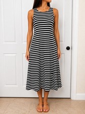 Old Navy Black White Striped Round Neck Sleeveless A-Line Midi Dress L