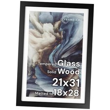 Solid Wood Poster Frame, White Mat for 18x28 Image, Tempered Glass 21x31 Black