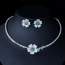 Silver Plated CZ Green Flower Choker Women Party Necklace Earrings Jewelry Set
