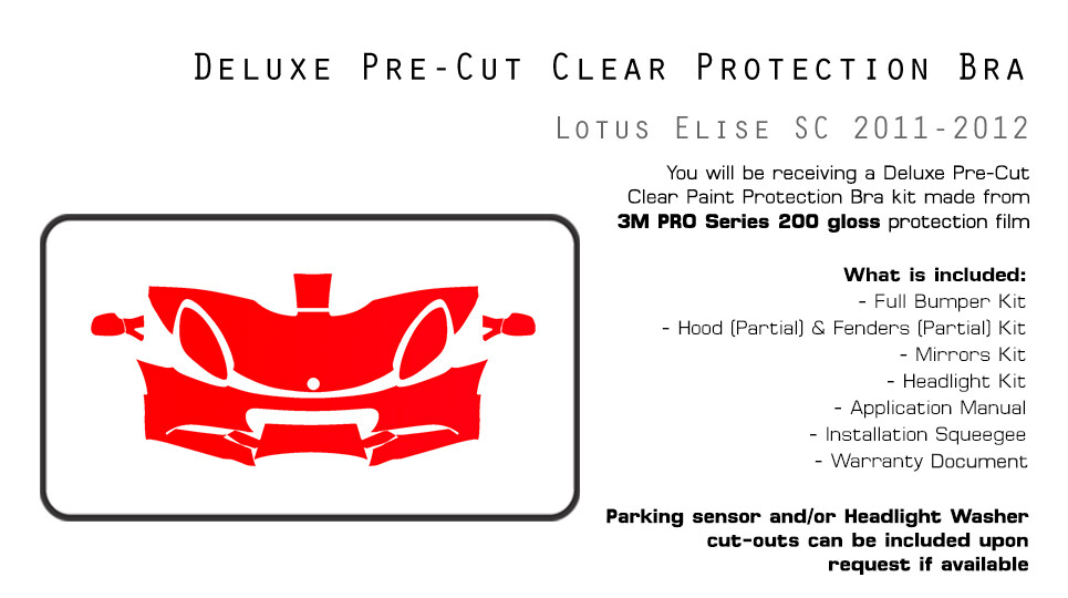 Lotus Elise SC 2011-2012 3M PRO PreCut Paint Protection Film Clear Bra PPF Kit