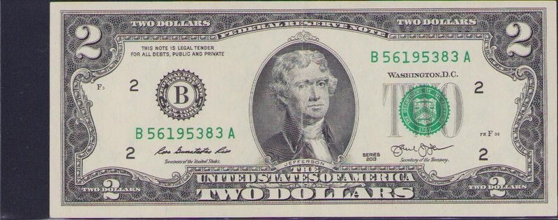 Fancy US Federal Reserve $2 Dollar Bill Serial Number B 56195383 A Prime # 2013