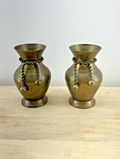 Vintage Set Two Small Brass Vase Twisted Cord Rope Decor India Boho Accent