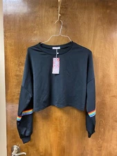 NWT Women's "ROMWE-FUN CROPPED BLK TOP, LONG SLEEVES WITH MULTI COLOR ACCENTS. 