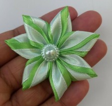24pcs 2  Satin Green White Ribbon Flower rhinestone Applique Craft DIY Wedding