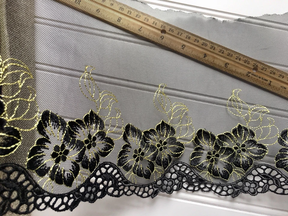 Черно-желтая вышитая кружевная отделка с черным тюлем/шитьем/рукоделием/ширина 7,5 дюйма - Изображение 4 из 4