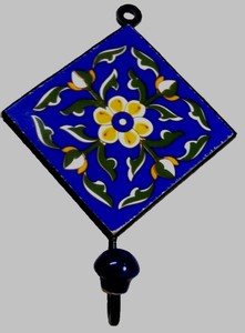 Ceramic Tile Fitted Iron Wall Hook Indian Decorative Key Cloth Cup