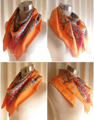 [Mint] HERMES Scarf Carre 90 Axis Mundi (detail) 100% Silk Orange Multicolor