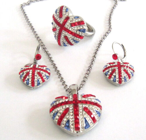 Butler and Wilson Crystal Union Jack Heart Ring Earring Pendant Queen Jubilee - Picture 1 of 1