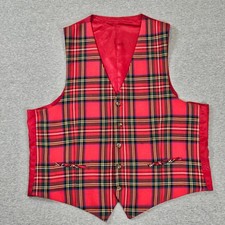 Vintage Red Plaid Worsted Wool Vest Mens 44L Tartan Waistcoat Reversible Formal