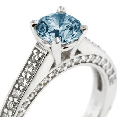 1.46ct Blue VS2 Round Earth Mined Certified Diamonds 14k  Classic Sidestone Ring