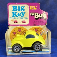 Vtg Big Key Wind-up Motor Lil Vw Bug Yellow Hippy Volkswagen Car By Mortoys