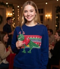 T-Rex Dinosaur Ugly Christmas Sweater sz Medium M Funny Holiday Time Sweatshirt