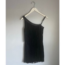 Vintage Y2K Aqua Dress One Shoulder Black Fringe Cocktail Party 20s size 4