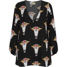 Mumu Black Jamie Bull & Beautiful Tunic Top S Relaxed Floral Boho Western Skull