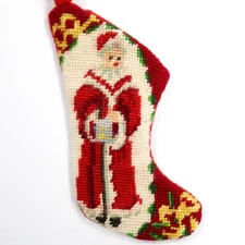 Vintage Needlepoint Christmas Stocking Mini Old World Santa 5in Ornament