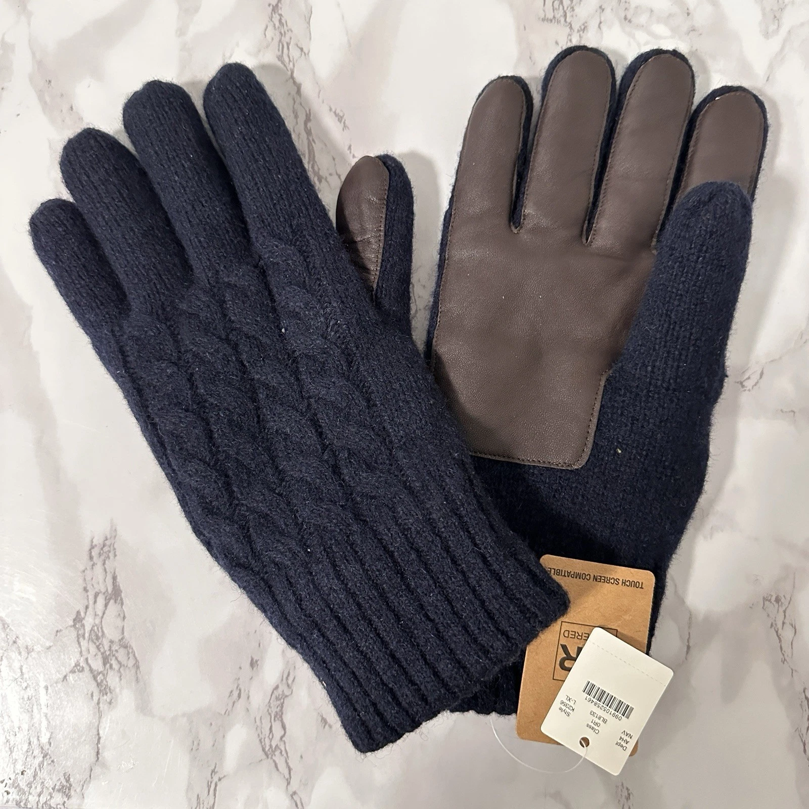 NEW Men’s J.Crew Wool Cable Knit Leather Gloves Size L/XL Navy Brown NWT K2356