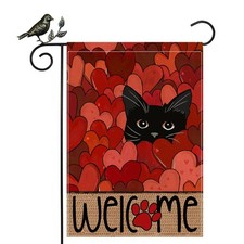 GEEORY Valentine's Day Garden Flag 12x18 Inch, Cute 12"x18", Red Black cat