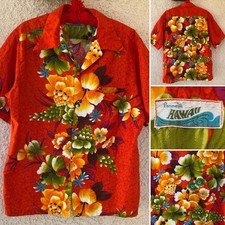 Vintage Penney  s Hawaii Aloha Shirt Red Floral Cotton 1960s 1970s L XL