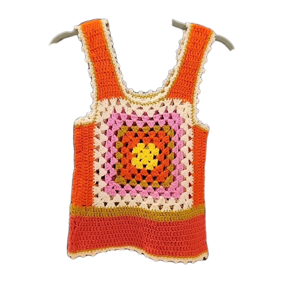 Chaleco Crochet Camiseta sin Mangas Retro Años 70 Hippie Granny Cuadrado Hecho a Mano S/XS Foto 2 de 4
