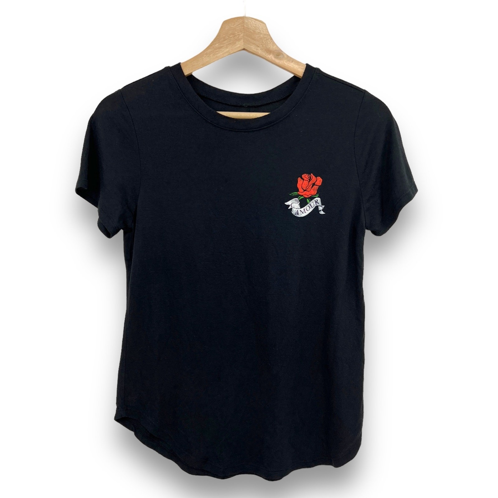 Modern Lux MEDIUM Black Burnout Amour Rose Fitted Short Sleeve Tee Shirt T-Shirt