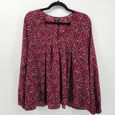 a.n.a Women's XL Long Sleeve Blouse Top Burgundy Multicolor Pleated Casual