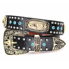 Western Belt - Genuine Leather Longhorn Concho with Silver Studs Blue Rhine...