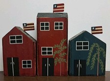 Vtg Wood Block House American Primitive Patriotic Decor 3 Pc Painted