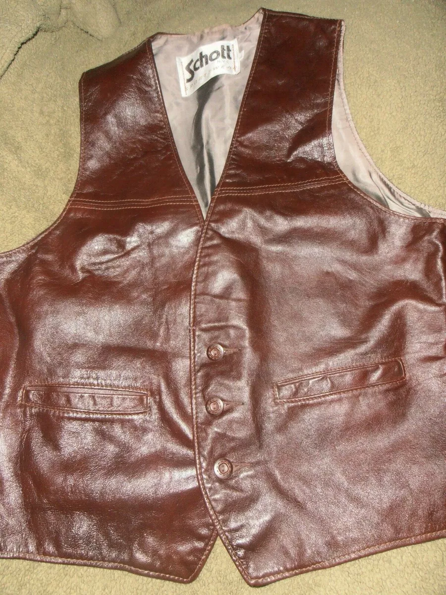 Vintage Schott NYC Sportswear Leather Vest Size Large Made in USA Brown