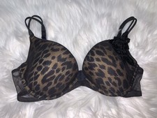 Vtg Victoria Secret 36C Bra Lingerie Cheetah Underwire Black Lace Rose Applica