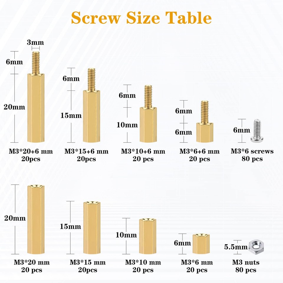 320Pcs M3 Motherboard Standoffs&Screws&Nuts Kit, Hex MaleFemale Brass