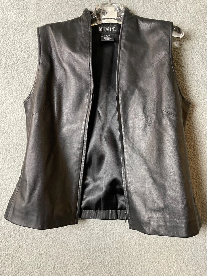 Chaleco de cuero Mixit para mujer 8 negro cremallera forro frontal motociclista gótico Foto 3 de 4