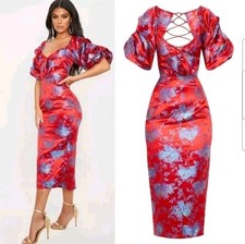 PrettyLittleThing Red Floral Satin Midi Dress Lace Up Back Size 12