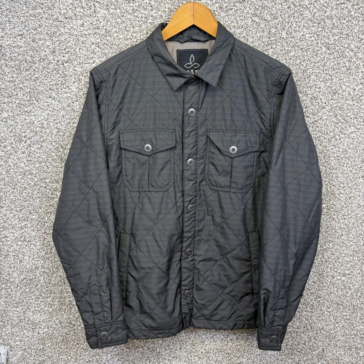 PrAna Quilted Jacket Mens Large Gray Snap Front Insulated Shirt Shacket Outdoor