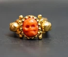 Victorian Men Silver Ring Coral Death Face Memento Mori Skull Skeleton Diamonds