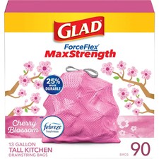 Glad ForceFlex MaxStrength Trash Bags, 13gal, 90ct, Pink, Cherry Blossom
